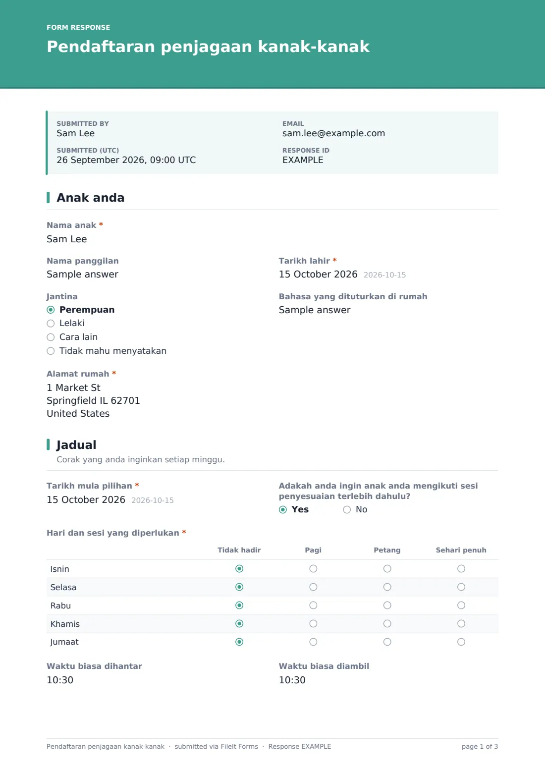 Pendaftaran penjagaan kanak-kanak — PDF respons contoh, halaman 1 daripada 3