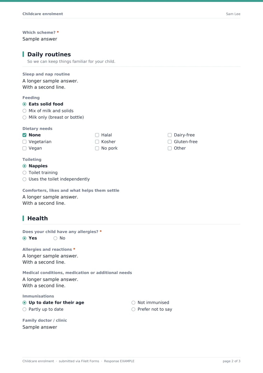 Childcare enrolment — example response PDF, page 2 of 3