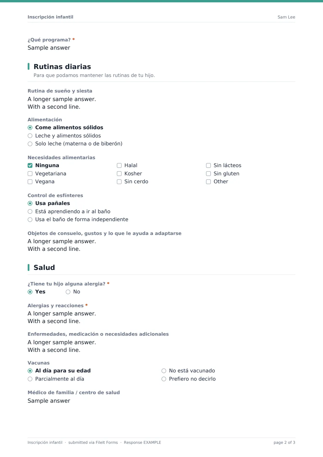 Inscripción infantil — PDF de respuesta de ejemplo, página 2 de 3