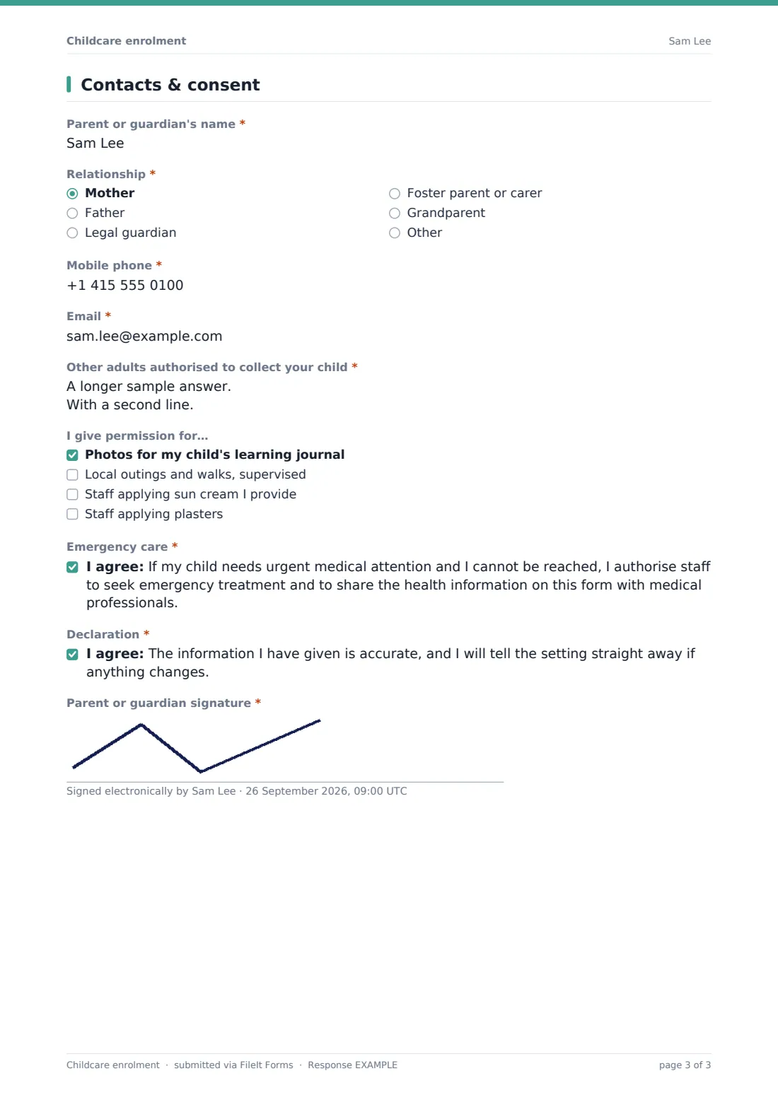 Childcare enrolment — example response PDF, page 3 of 3
