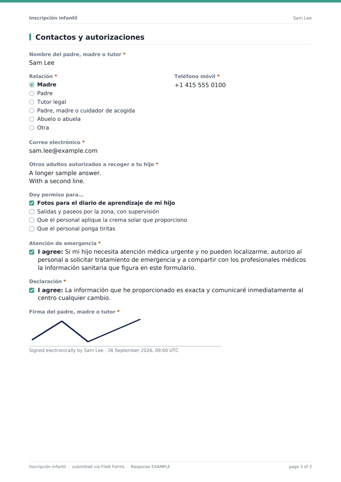 Inscripción infantil — PDF de respuesta de ejemplo, página 3 de 3