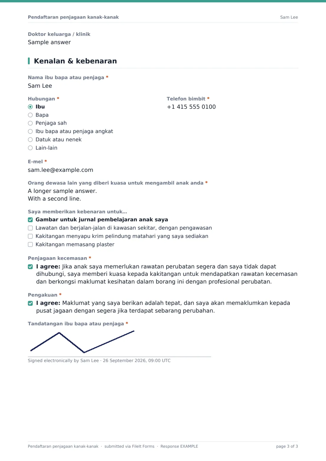 Pendaftaran penjagaan kanak-kanak — PDF respons contoh, halaman 3 daripada 3