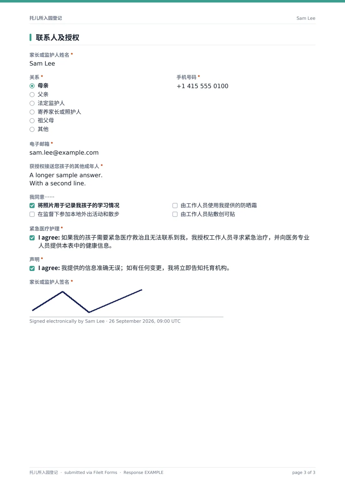 托儿所入园登记 — 示例回复 PDF，第 3 页，共 3 页