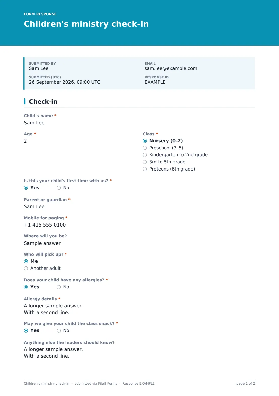 Children's ministry check-in — example response PDF, page 1 of 2