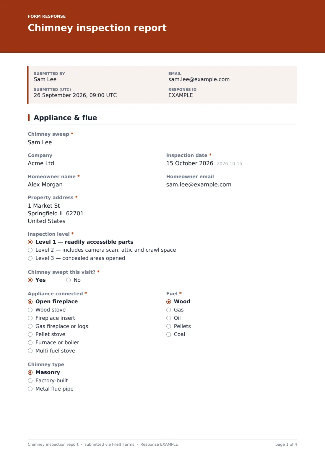 Chimney inspection report — example response PDF, page 1 of 4
