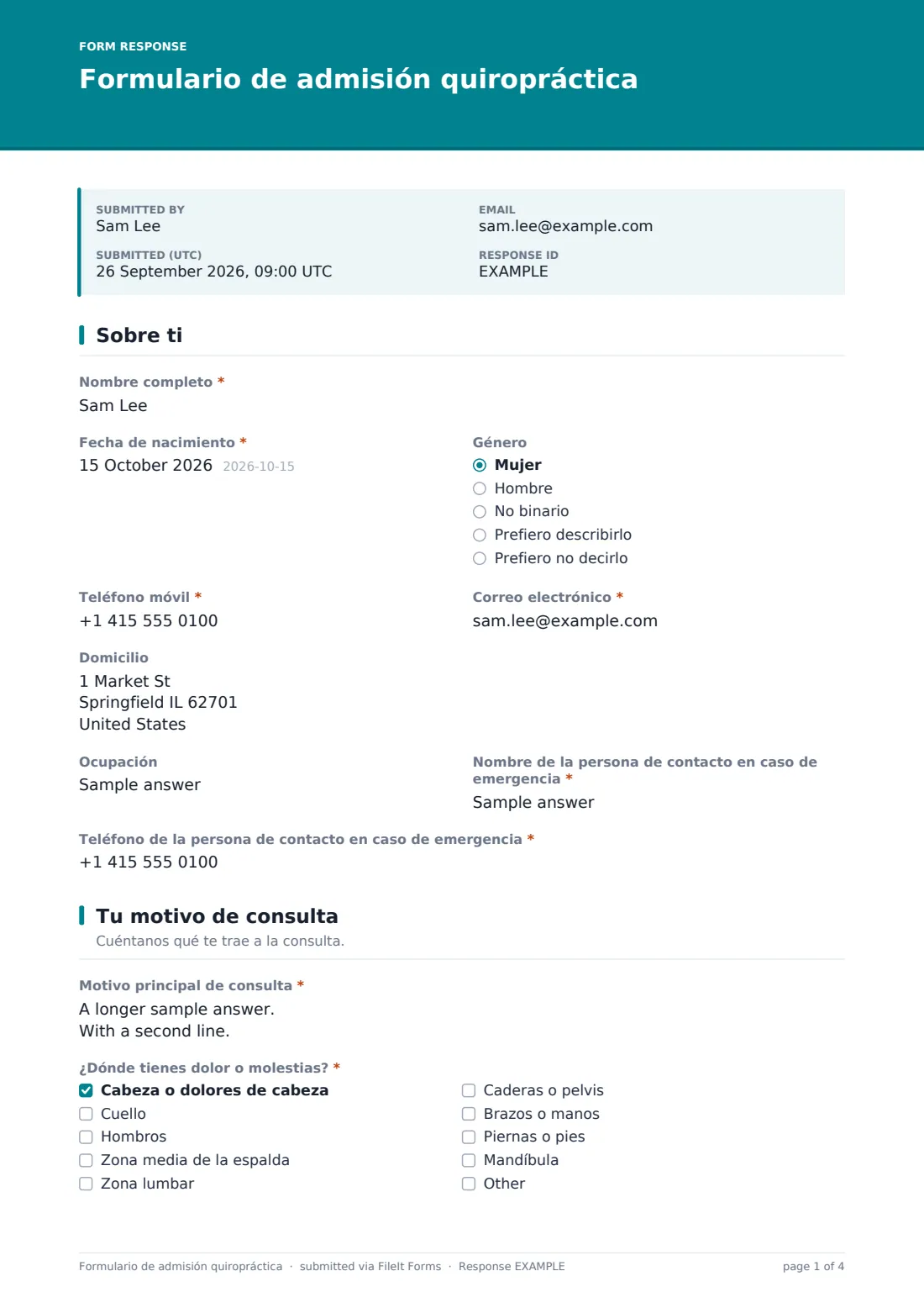 Formulario de admisión quiropráctica — PDF de respuesta de ejemplo, página 1 de 4