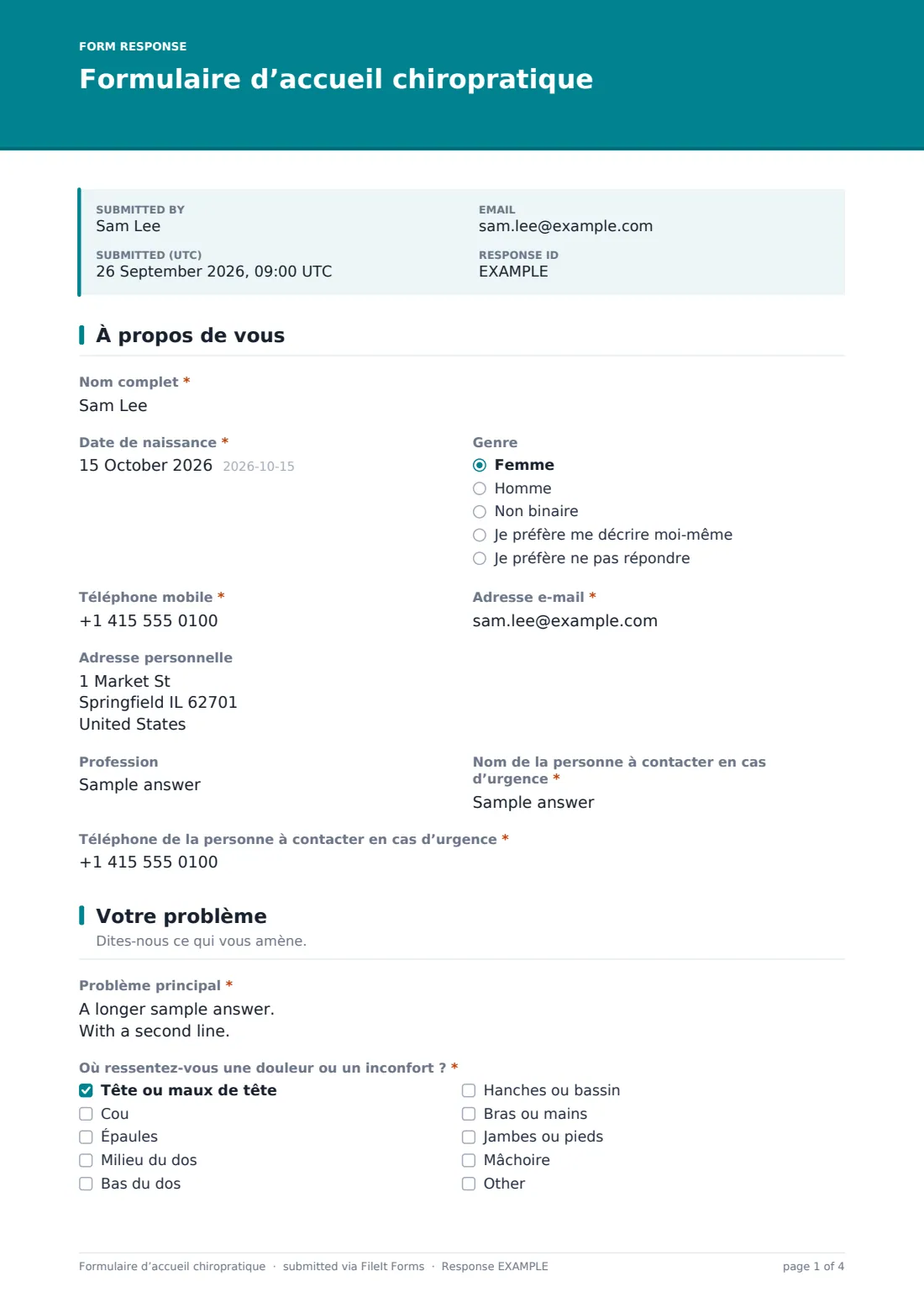 Formulaire d’accueil chiropratique — exemple de réponse au format PDF, page 1 sur 4