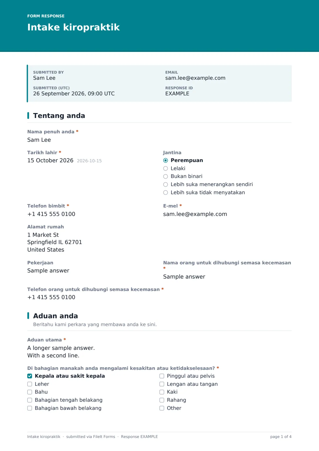 Intake kiropraktik — PDF respons contoh, halaman 1 daripada 4