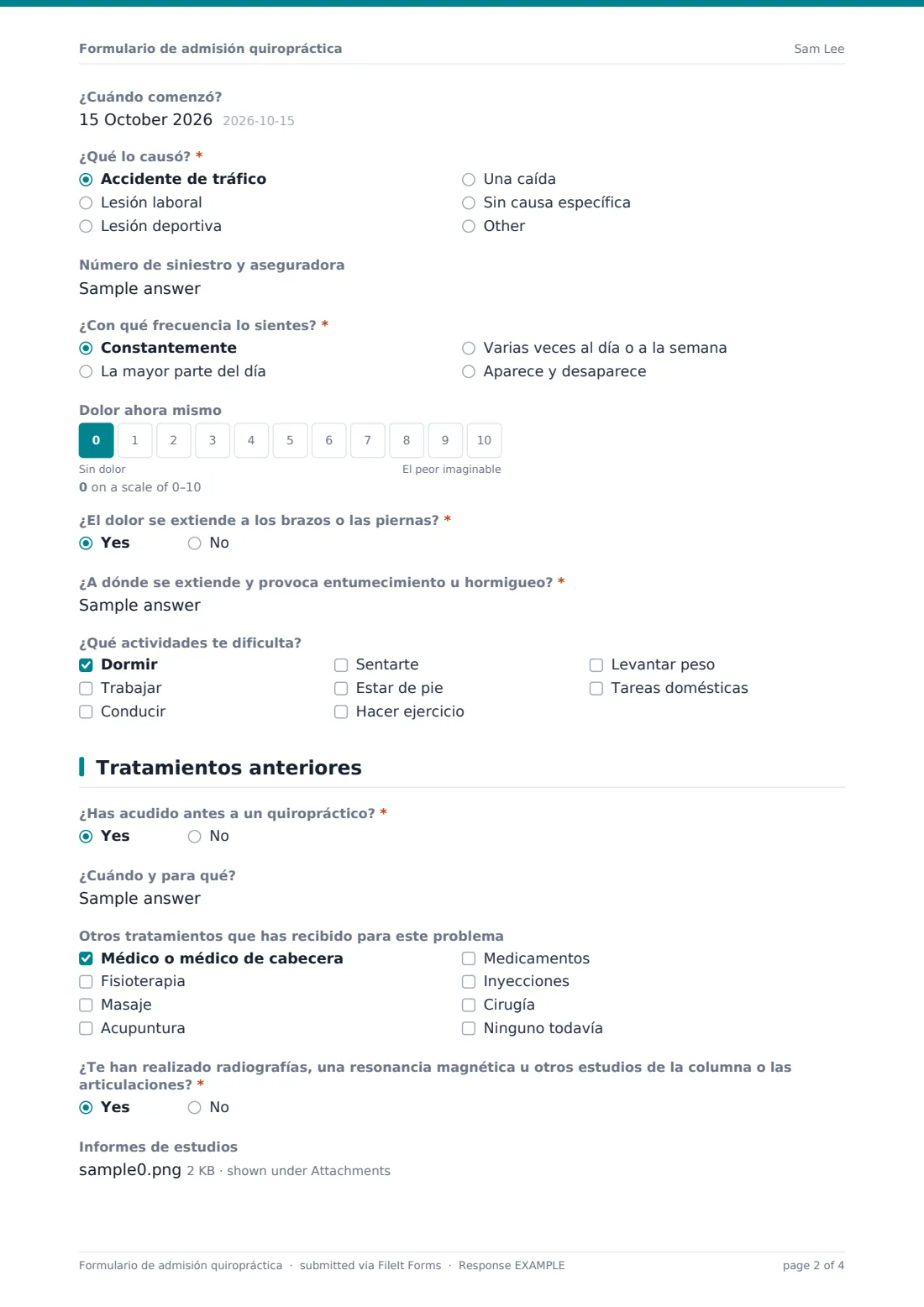 Formulario de admisión quiropráctica — PDF de respuesta de ejemplo, página 2 de 4
