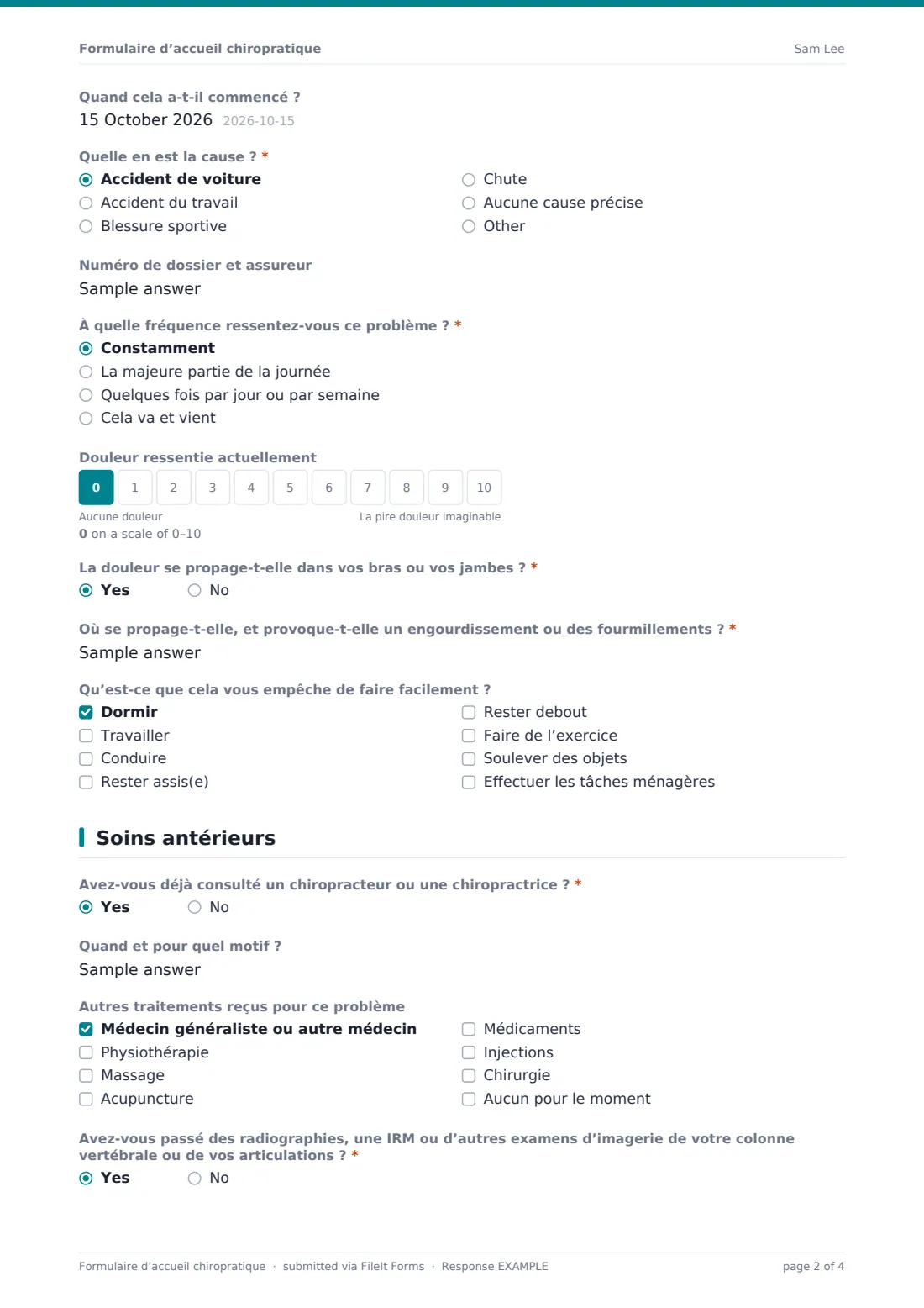 Formulaire d’accueil chiropratique — exemple de réponse au format PDF, page 2 sur 4