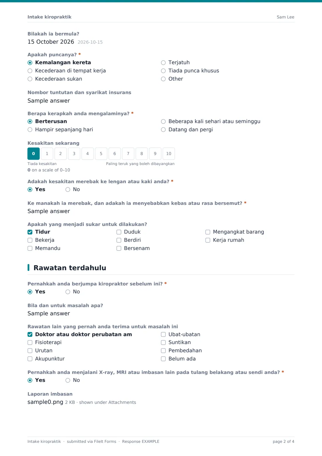 Intake kiropraktik — PDF respons contoh, halaman 2 daripada 4
