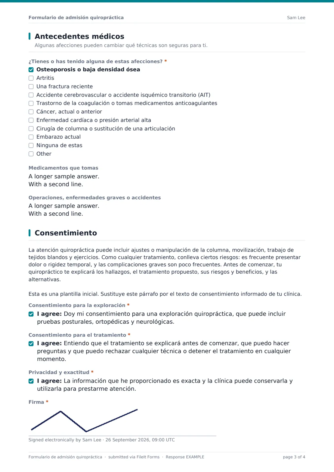 Formulario de admisión quiropráctica — PDF de respuesta de ejemplo, página 3 de 4