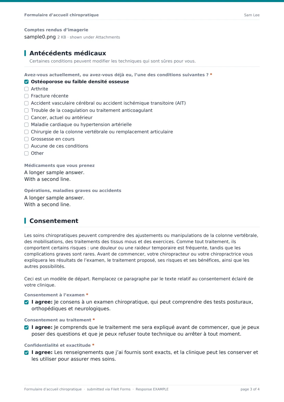 Formulaire d’accueil chiropratique — exemple de réponse au format PDF, page 3 sur 4