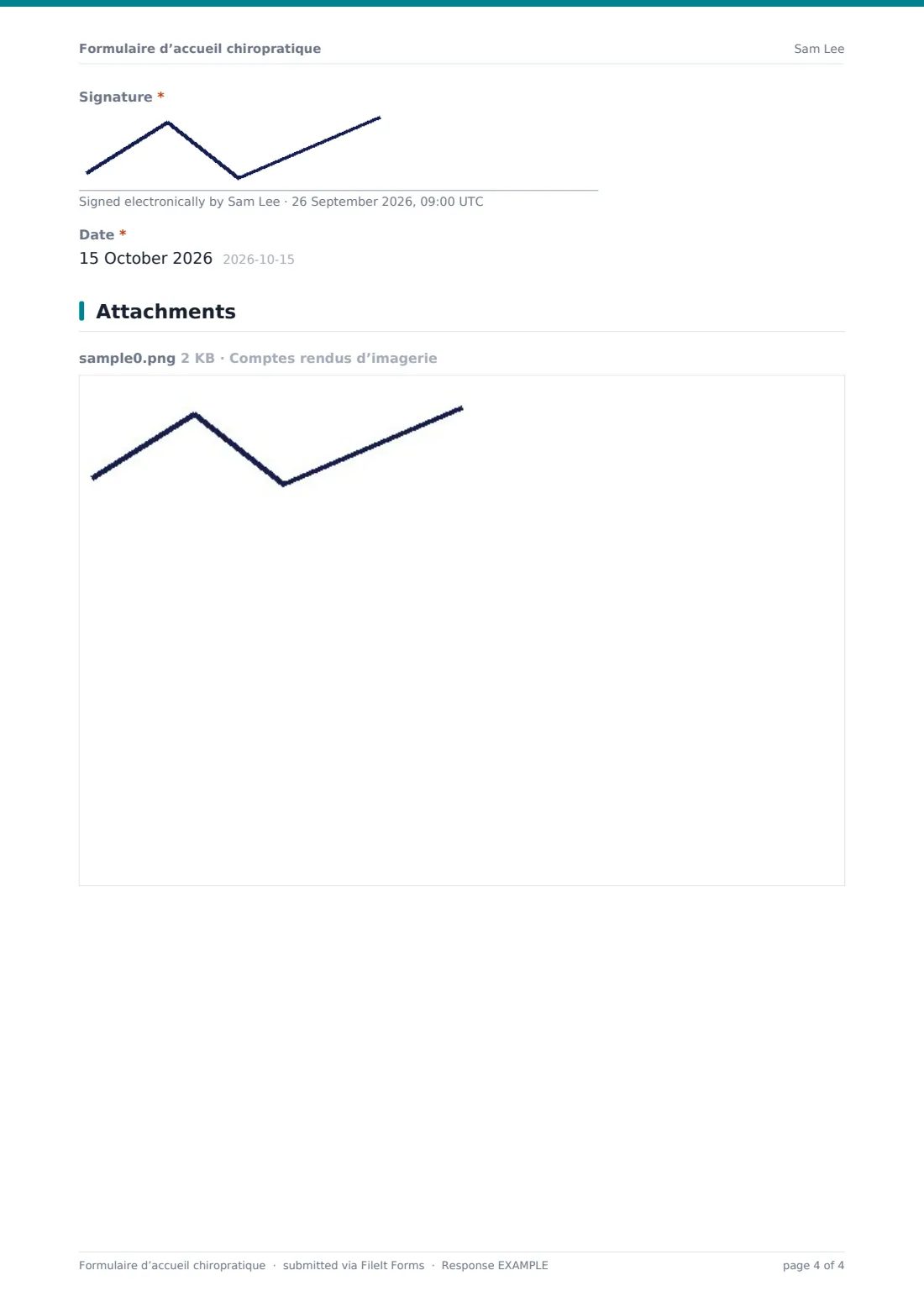 Formulaire d’accueil chiropratique — exemple de réponse au format PDF, page 4 sur 4