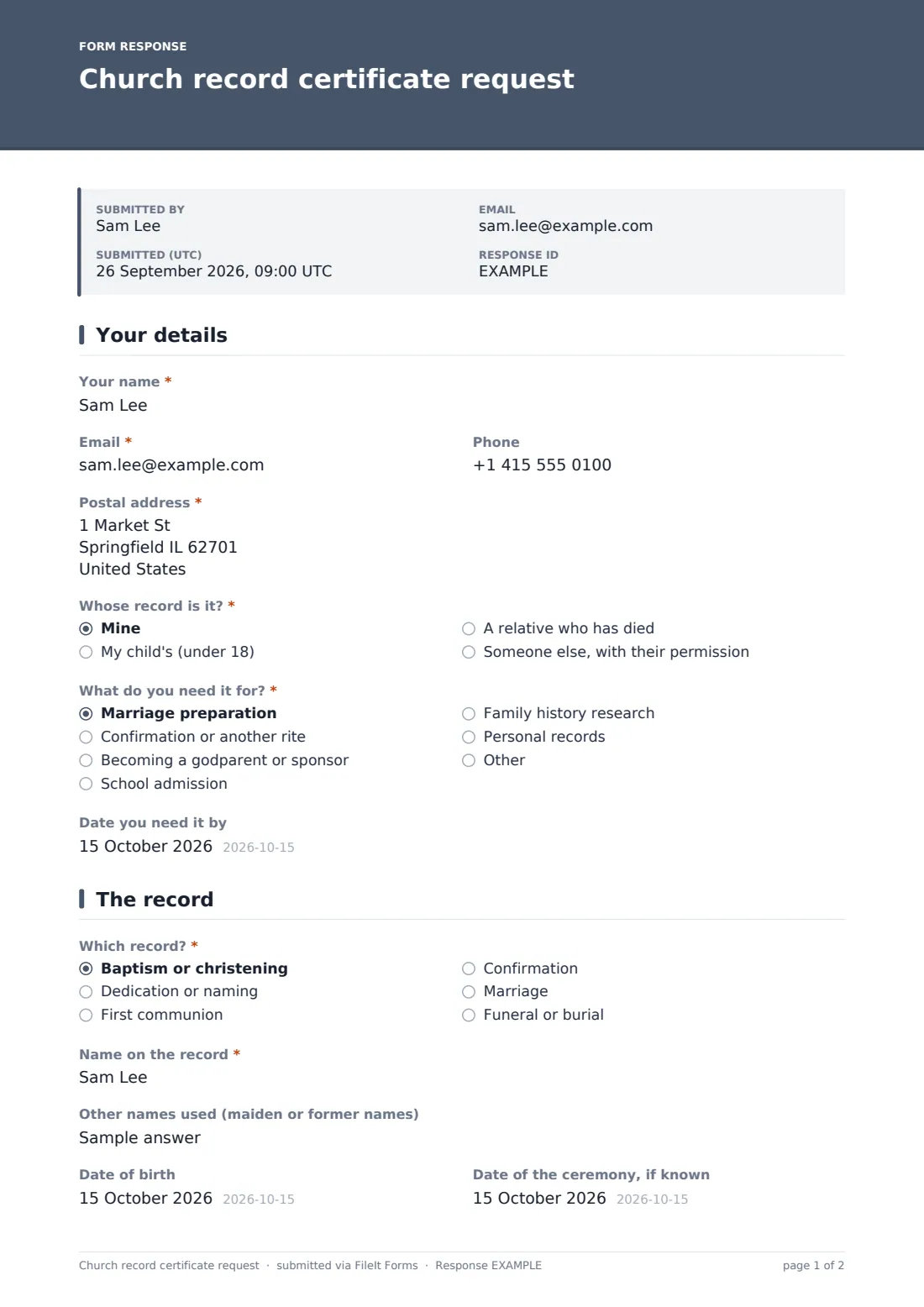 Church record certificate request — example response PDF, page 1 of 2