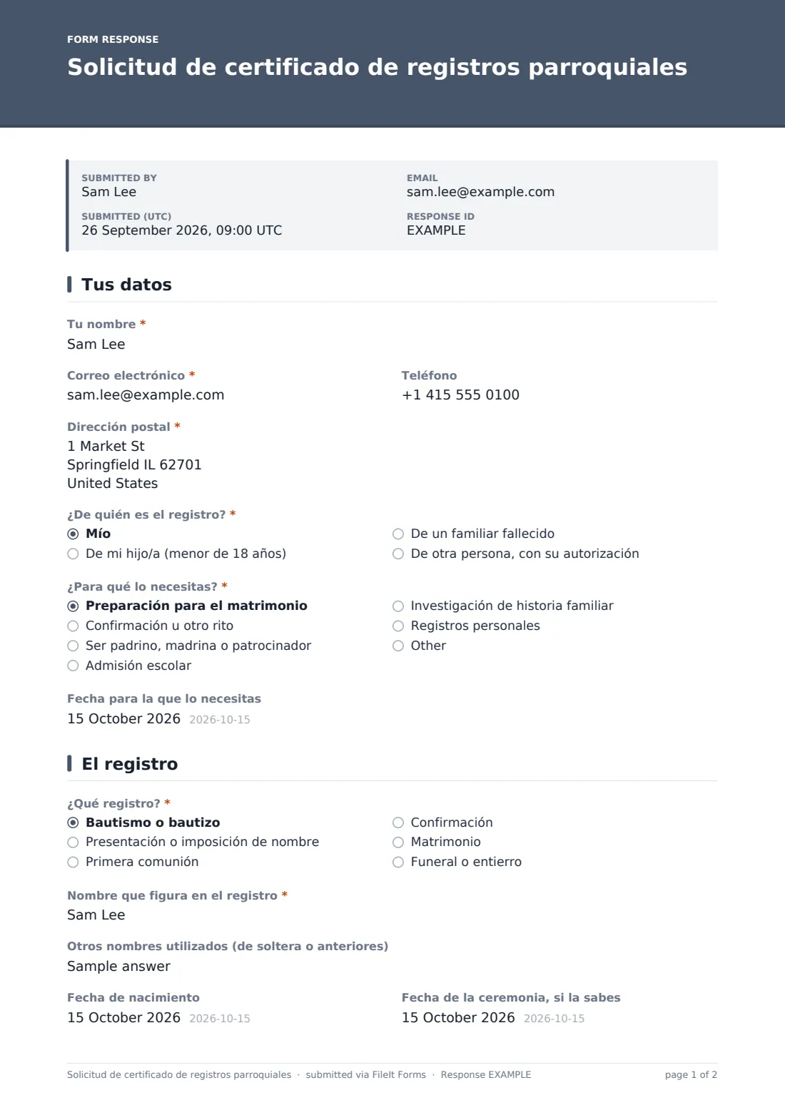 Solicitud de certificado de registros parroquiales — PDF de respuesta de ejemplo, página 1 de 2