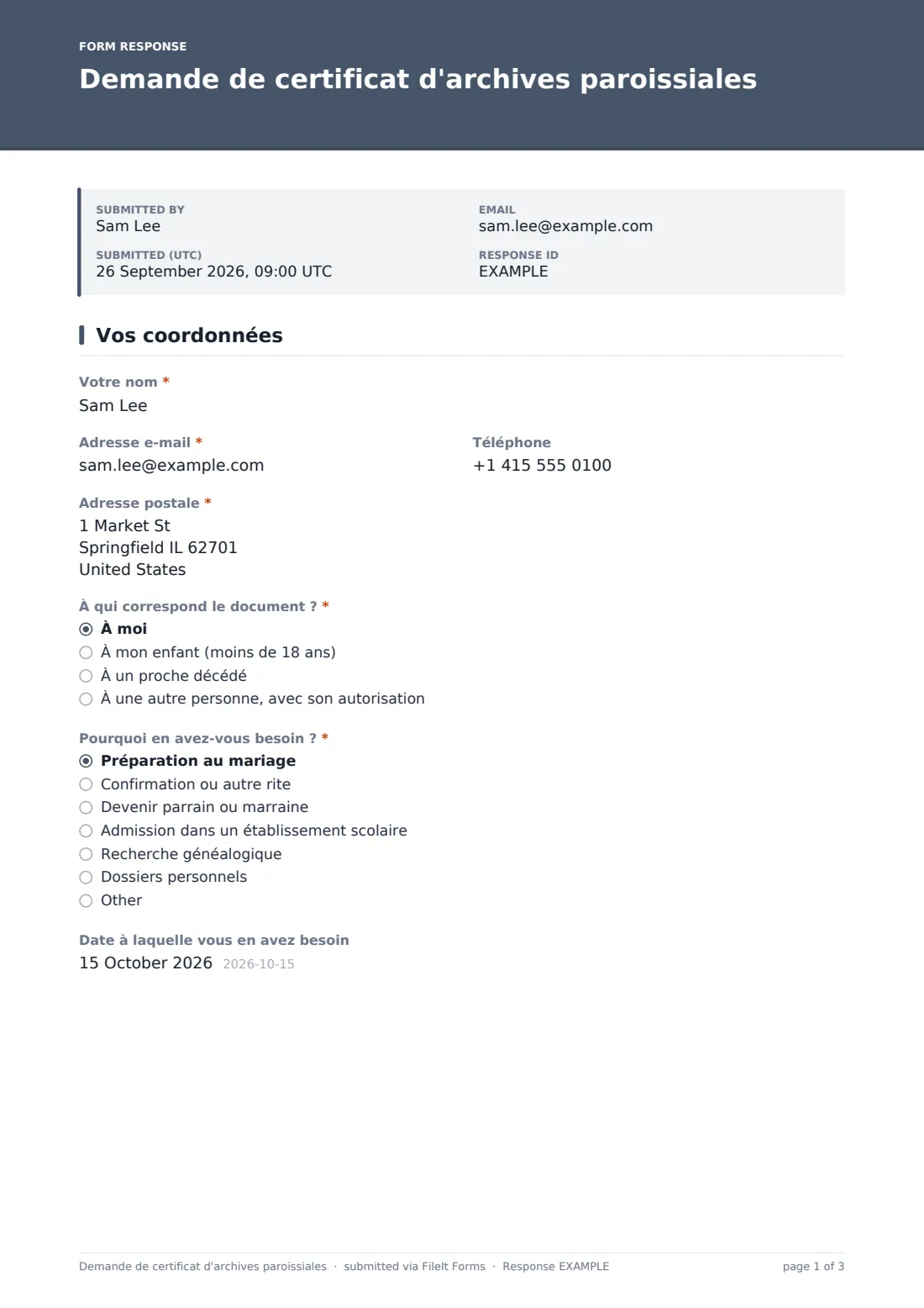Demande de certificat d'archives paroissiales — exemple de réponse au format PDF, page 1 sur 3