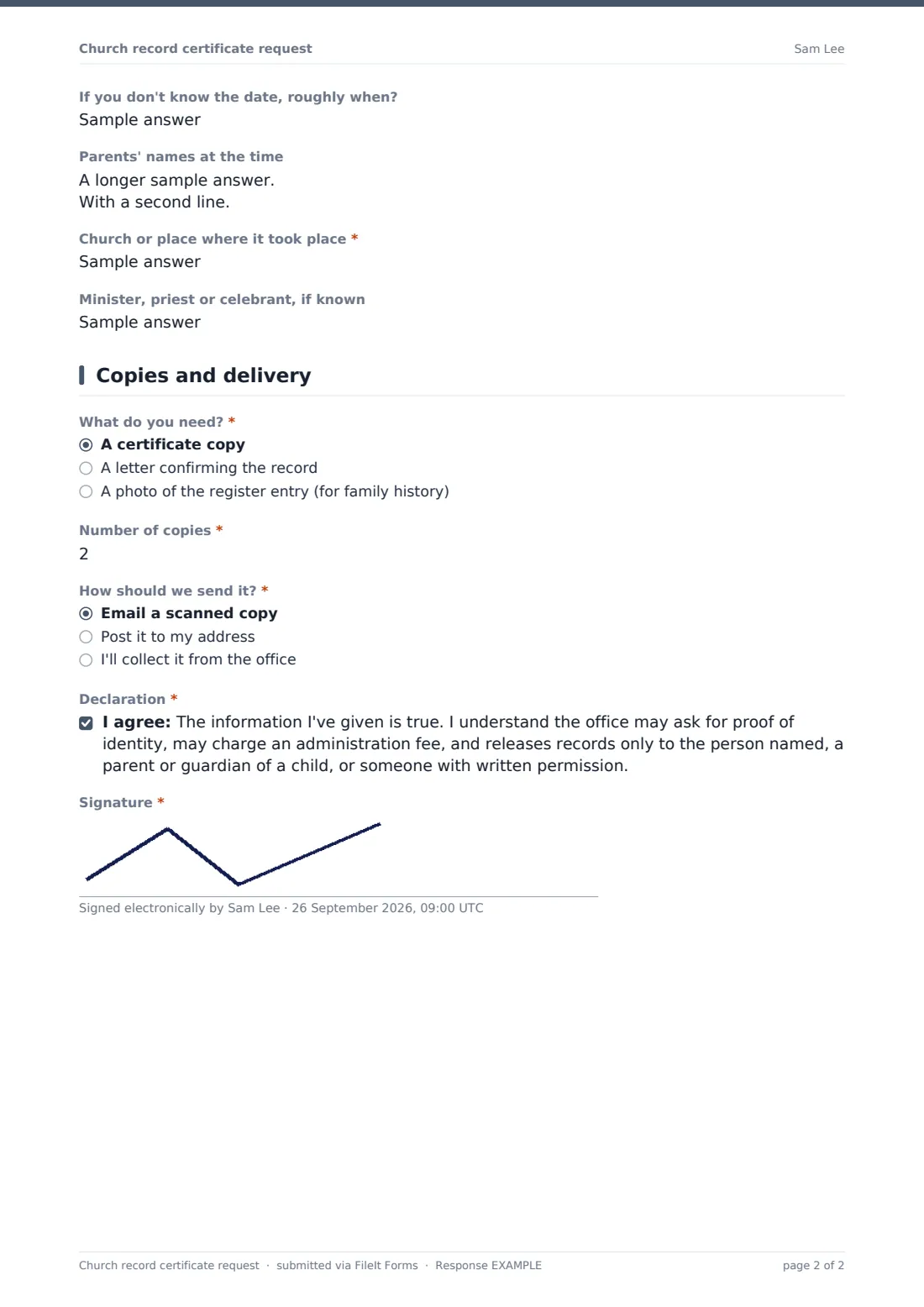 Church record certificate request — example response PDF, page 2 of 2