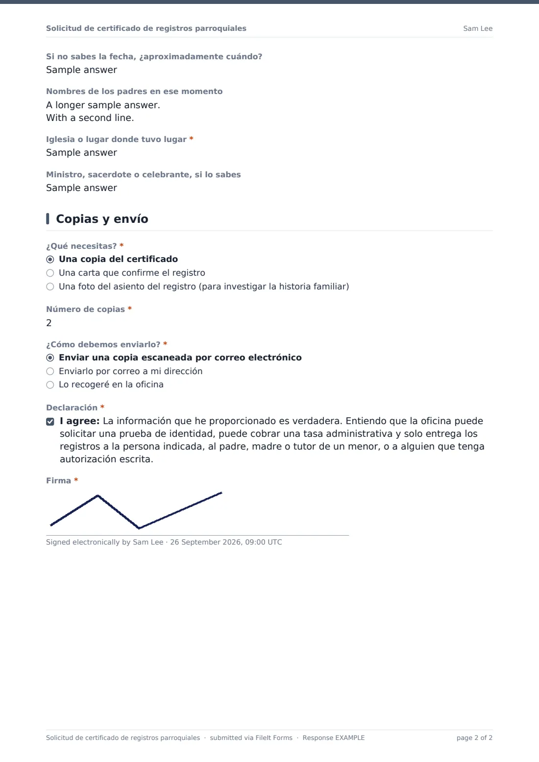 Solicitud de certificado de registros parroquiales — PDF de respuesta de ejemplo, página 2 de 2