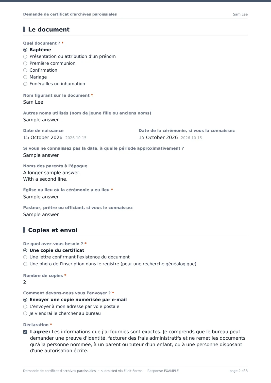 Demande de certificat d'archives paroissiales — exemple de réponse au format PDF, page 2 sur 3