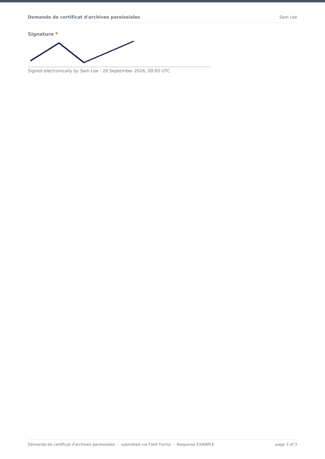 Demande de certificat d'archives paroissiales — exemple de réponse au format PDF, page 3 sur 3