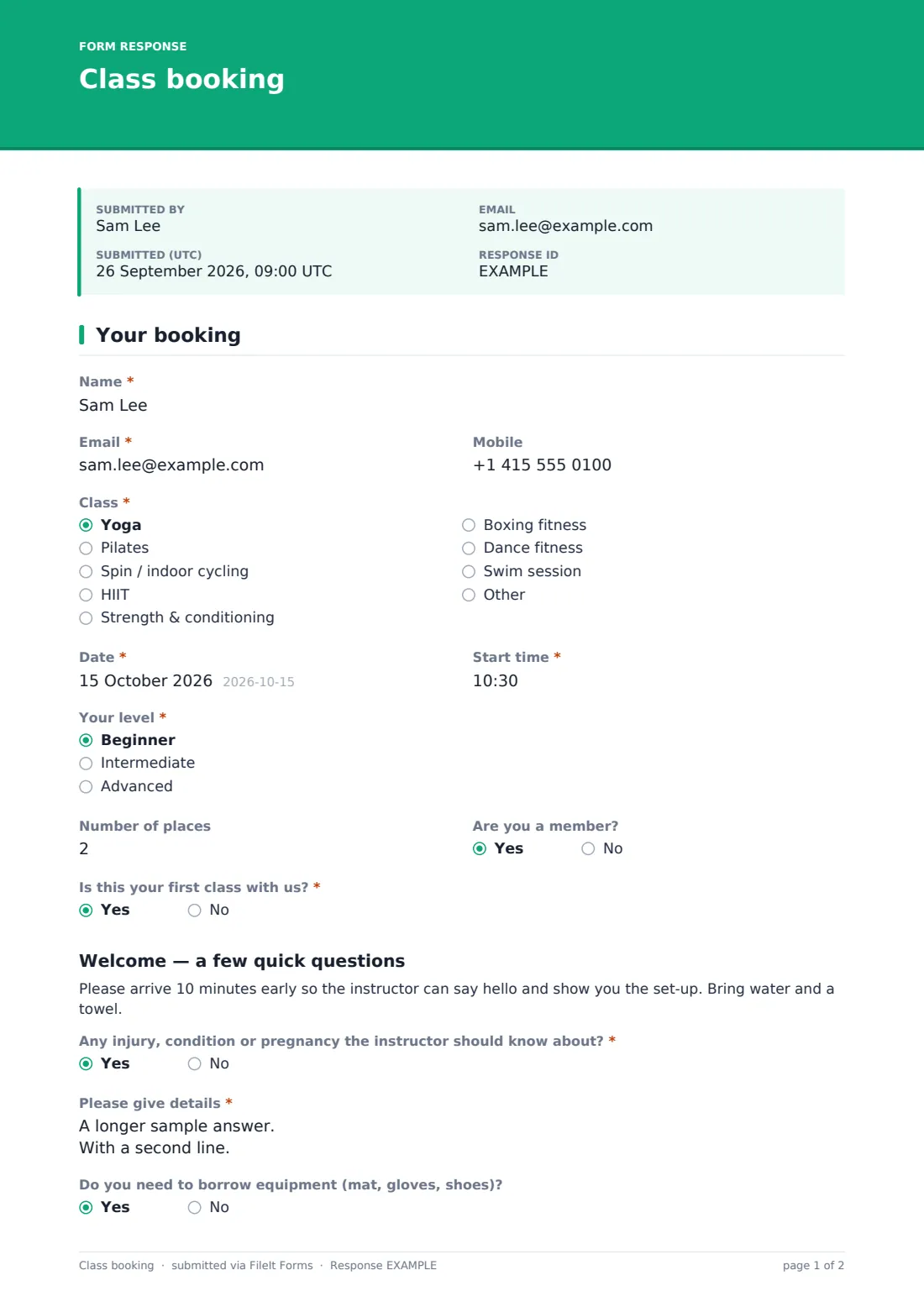 Class booking — example response PDF, page 1 of 2