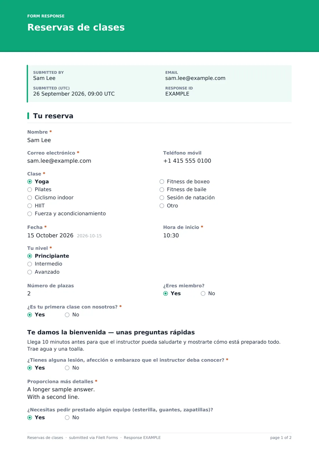 Reservas de clases — PDF de respuesta de ejemplo, página 1 de 2