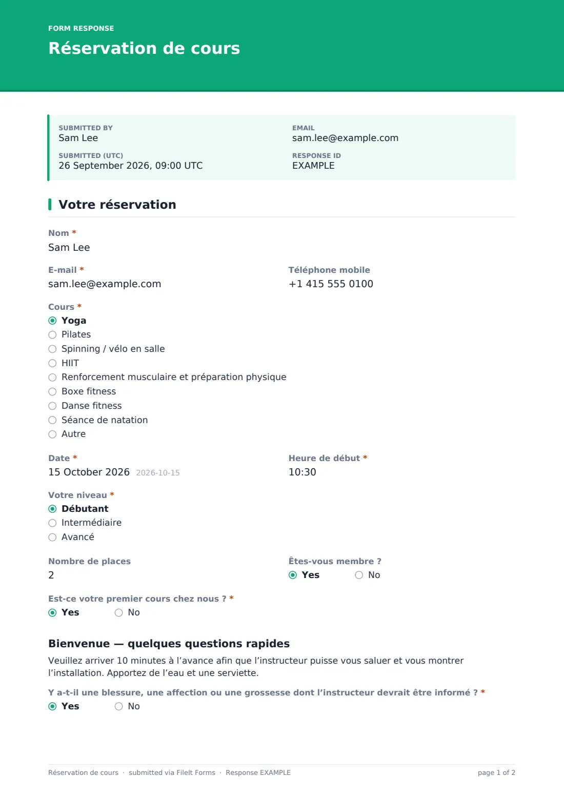 Réservation de cours — exemple de réponse au format PDF, page 1 sur 2