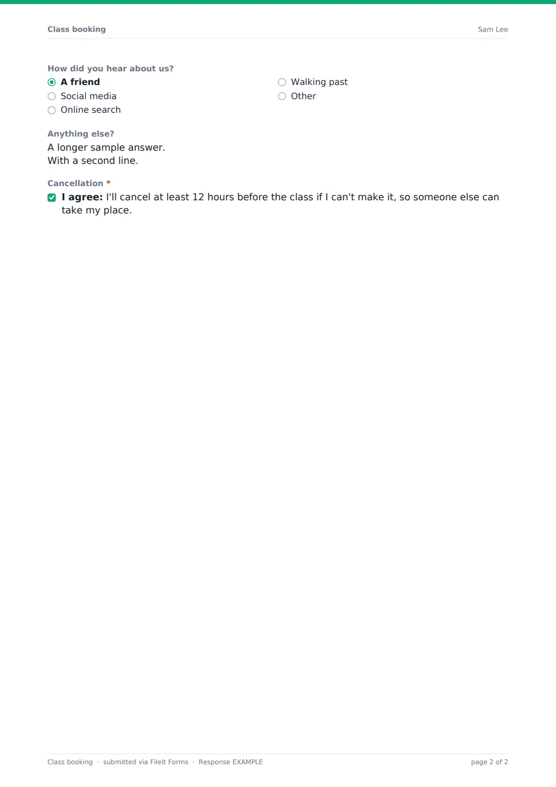 Class booking — example response PDF, page 2 of 2