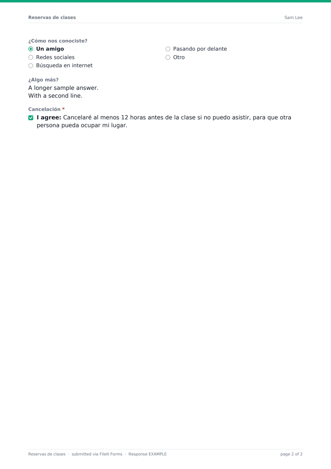 Reservas de clases — PDF de respuesta de ejemplo, página 2 de 2