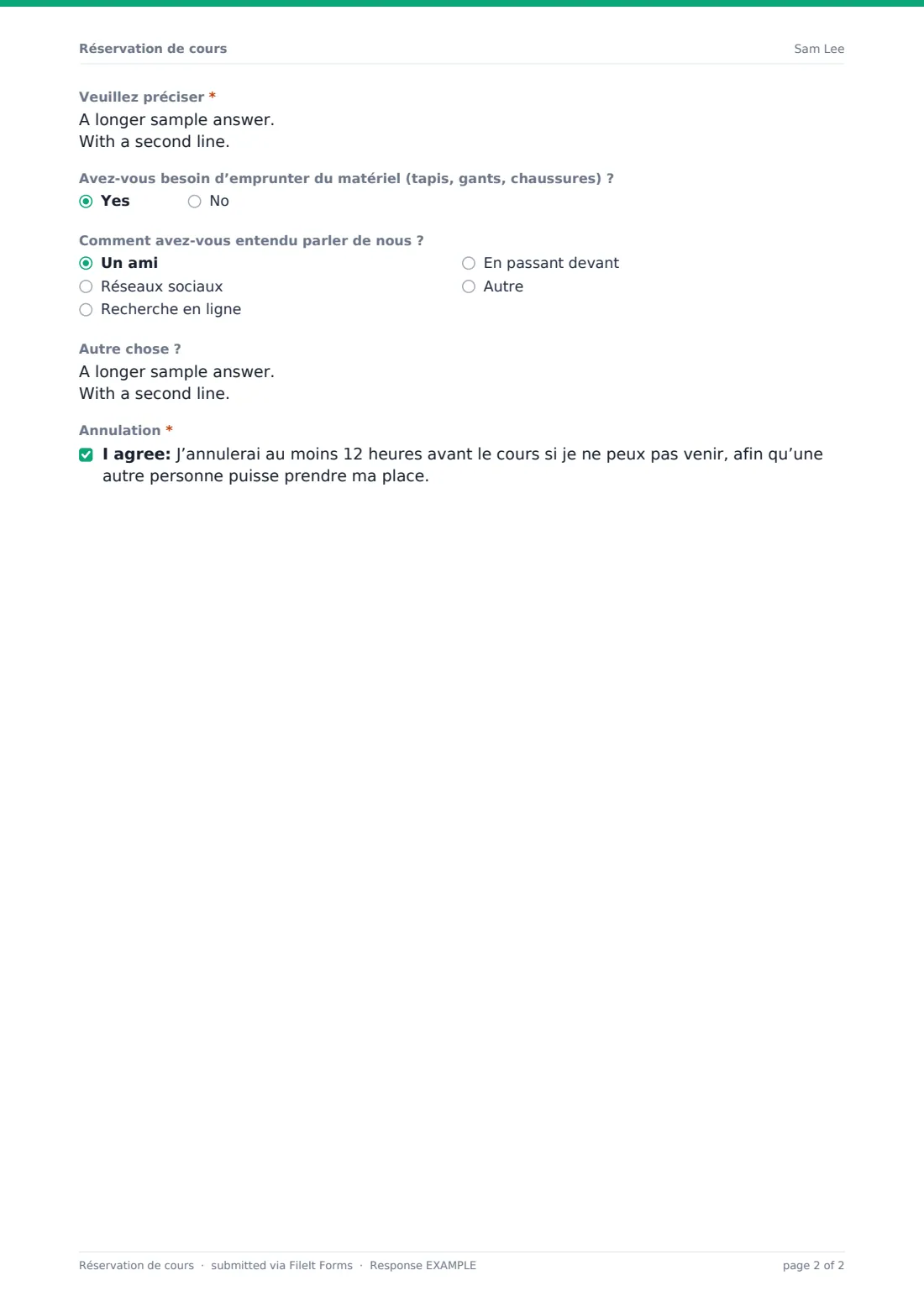 Réservation de cours — exemple de réponse au format PDF, page 2 sur 2