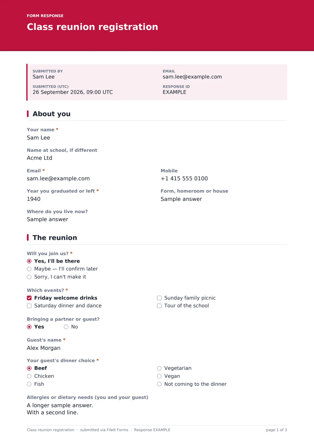 Class reunion registration — example response PDF, page 1 of 3
