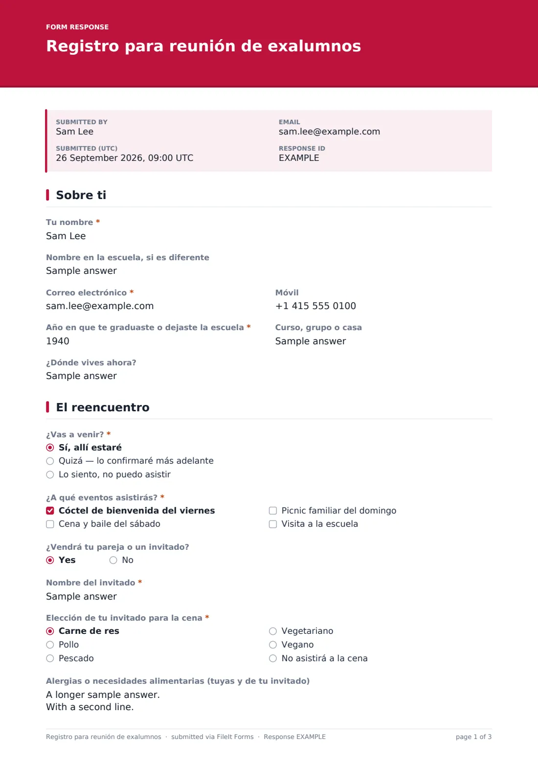 Registro para reunión de exalumnos — PDF de respuesta de ejemplo, página 1 de 3