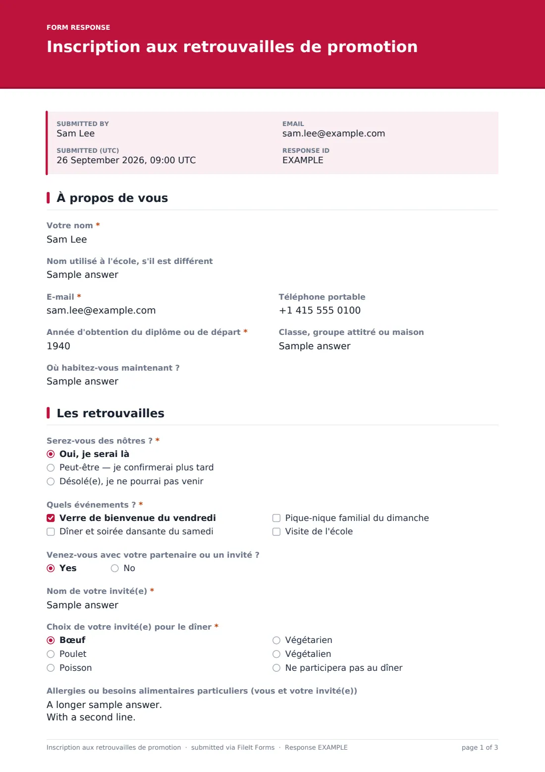 Inscription aux retrouvailles de promotion — exemple de réponse au format PDF, page 1 sur 3