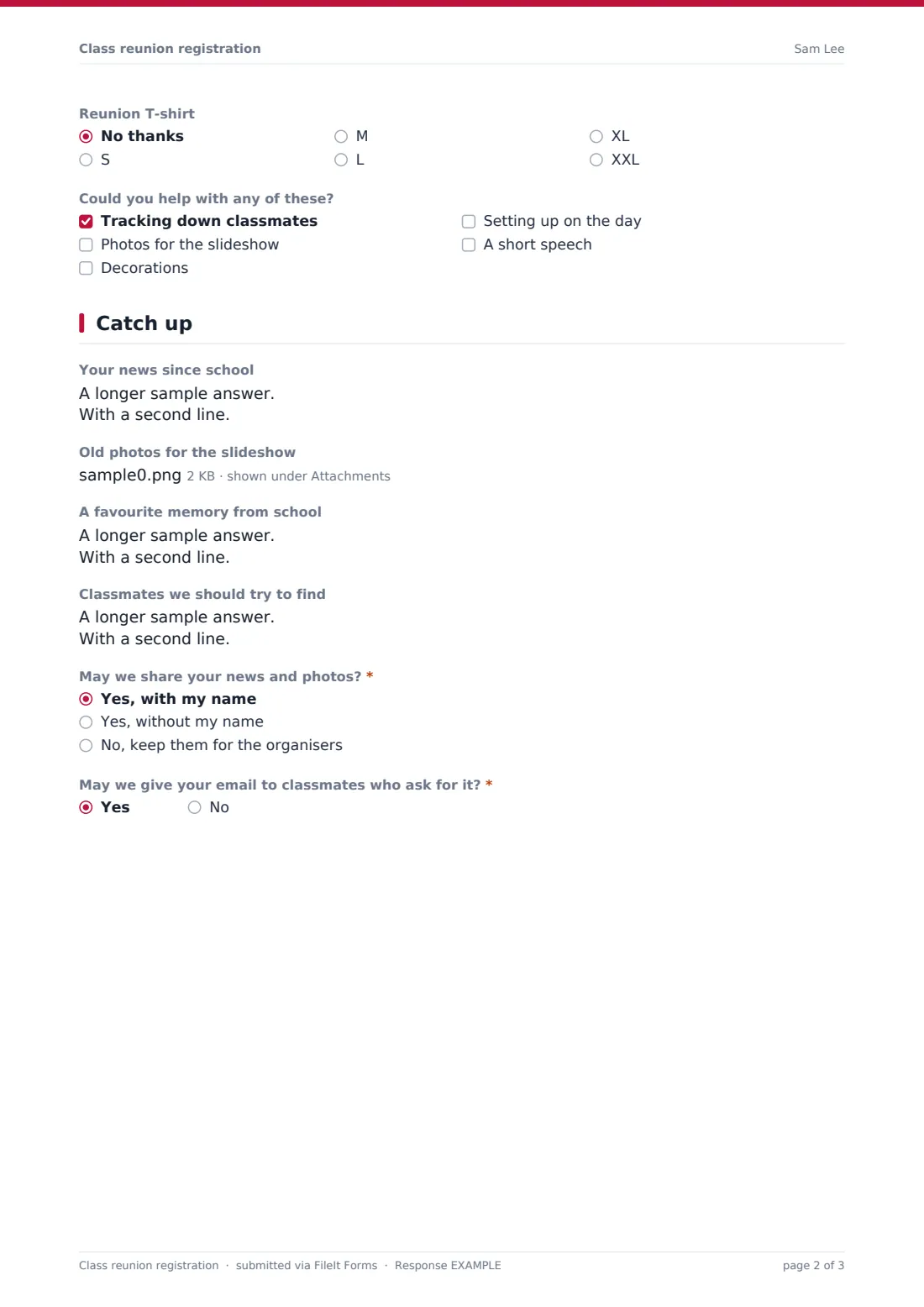 Class reunion registration — example response PDF, page 2 of 3