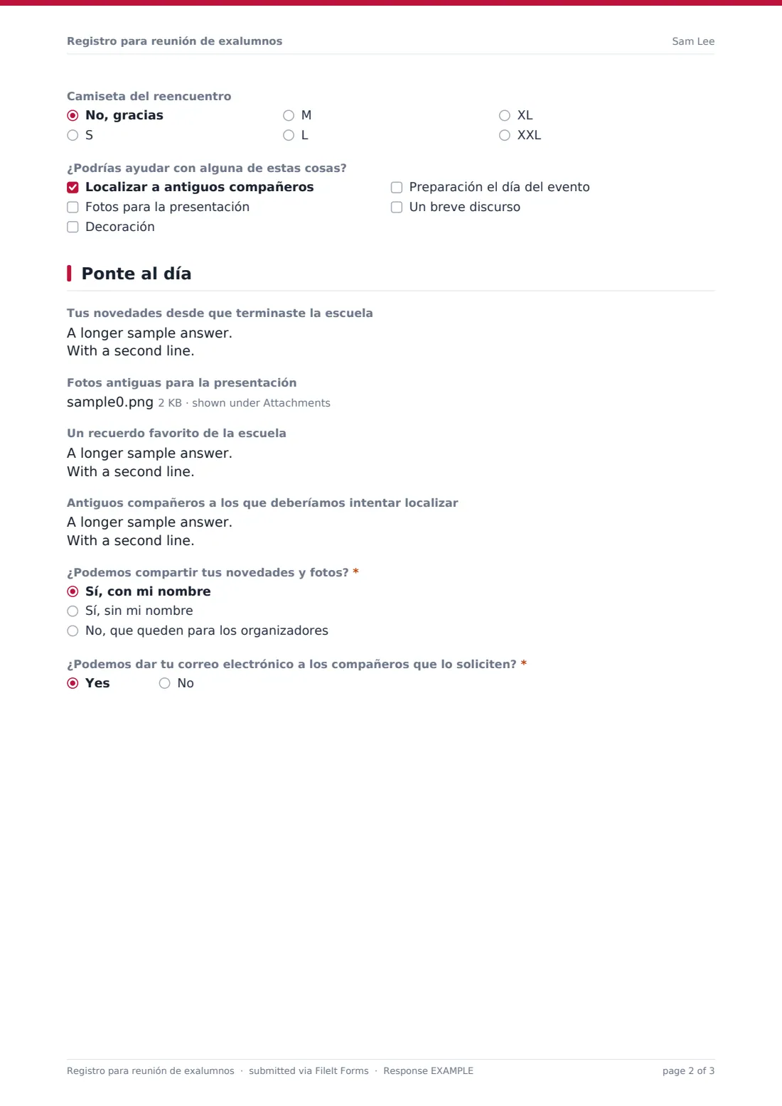 Registro para reunión de exalumnos — PDF de respuesta de ejemplo, página 2 de 3