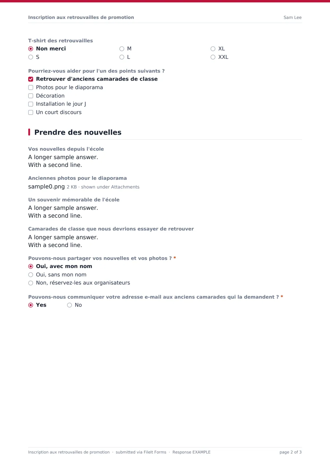 Inscription aux retrouvailles de promotion — exemple de réponse au format PDF, page 2 sur 3