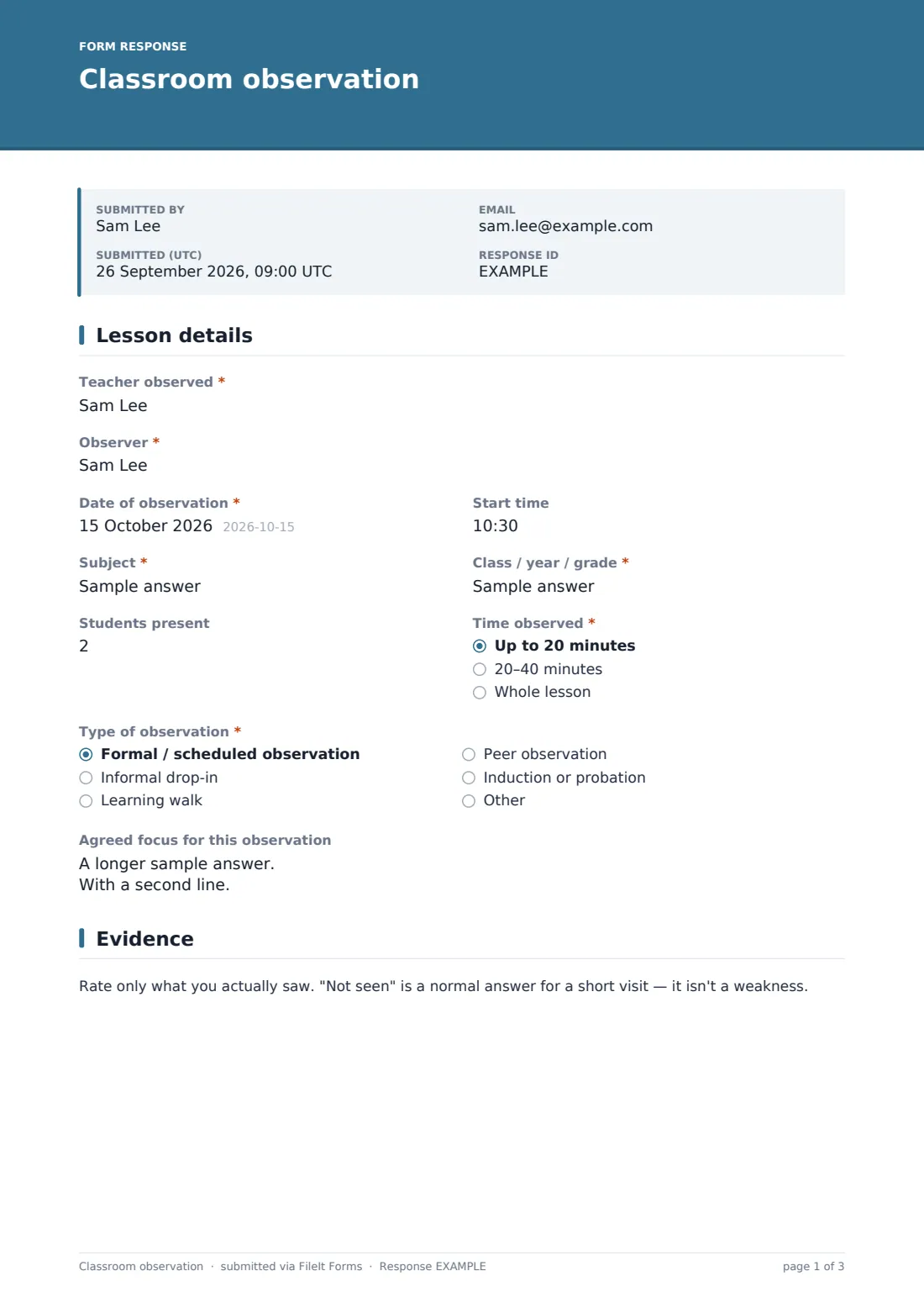 Classroom observation — example response PDF, page 1 of 3