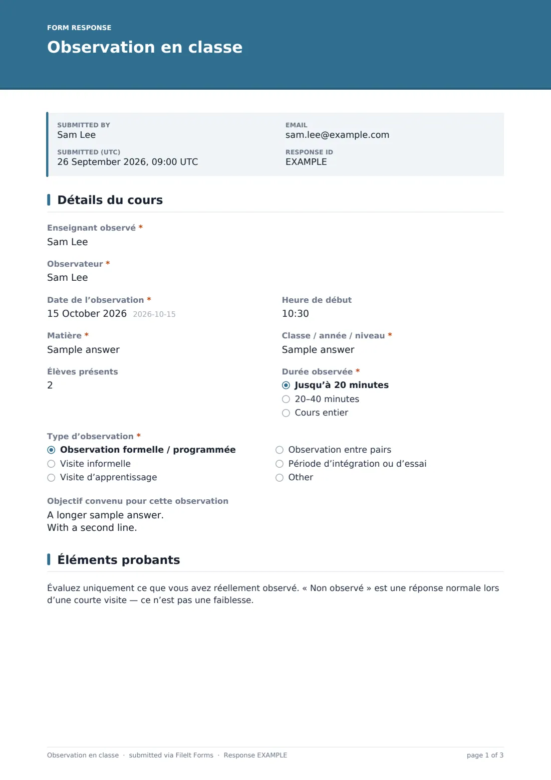 Observation en classe — exemple de réponse au format PDF, page 1 sur 3