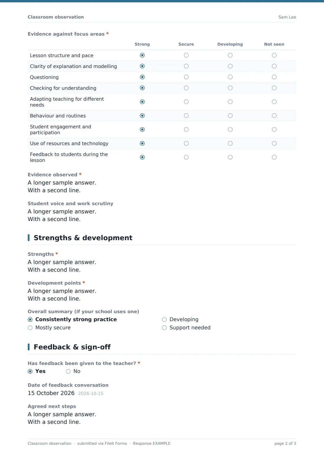 Classroom observation — example response PDF, page 2 of 3