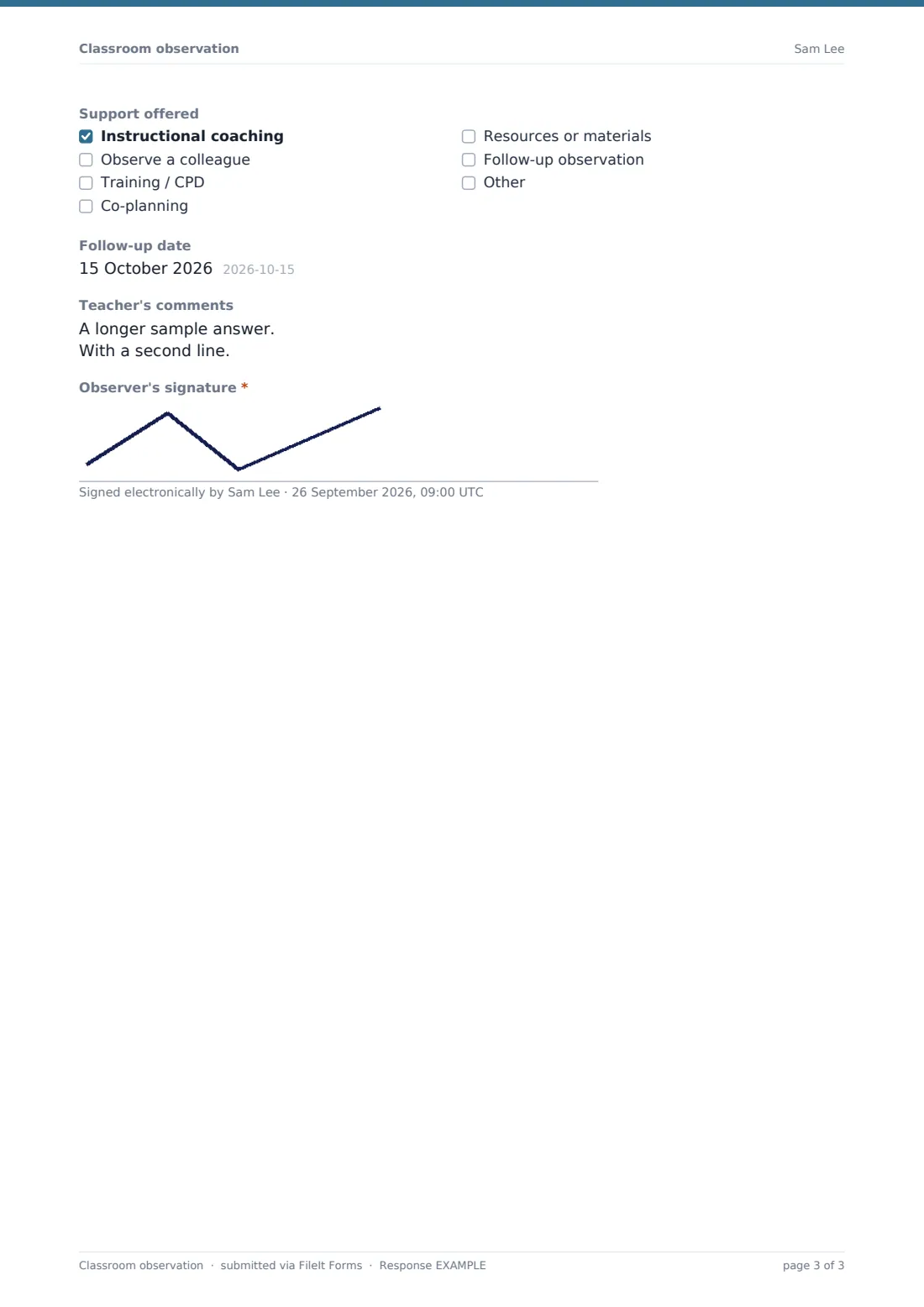 Classroom observation — example response PDF, page 3 of 3