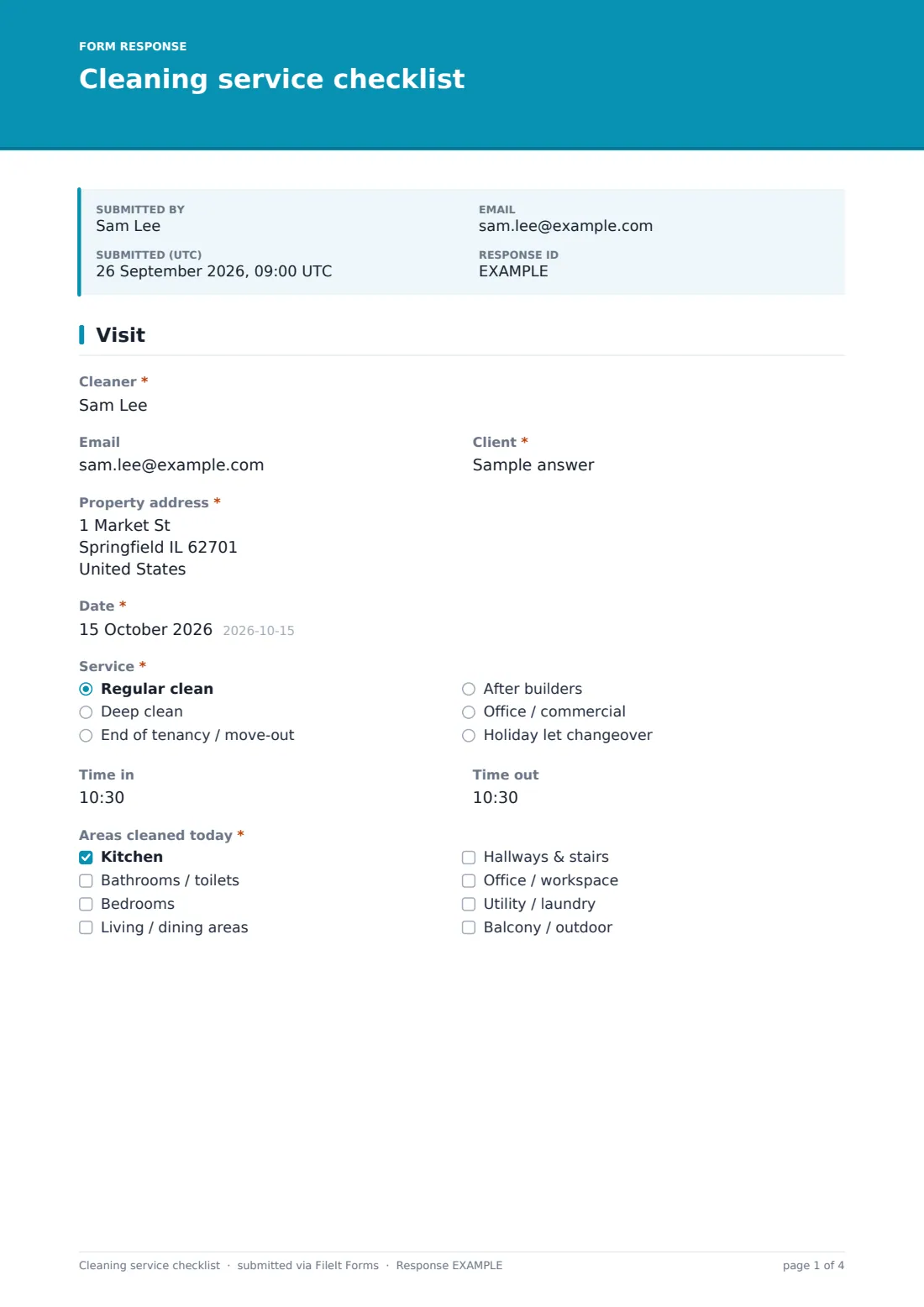 Cleaning service checklist — example response PDF, page 1 of 4