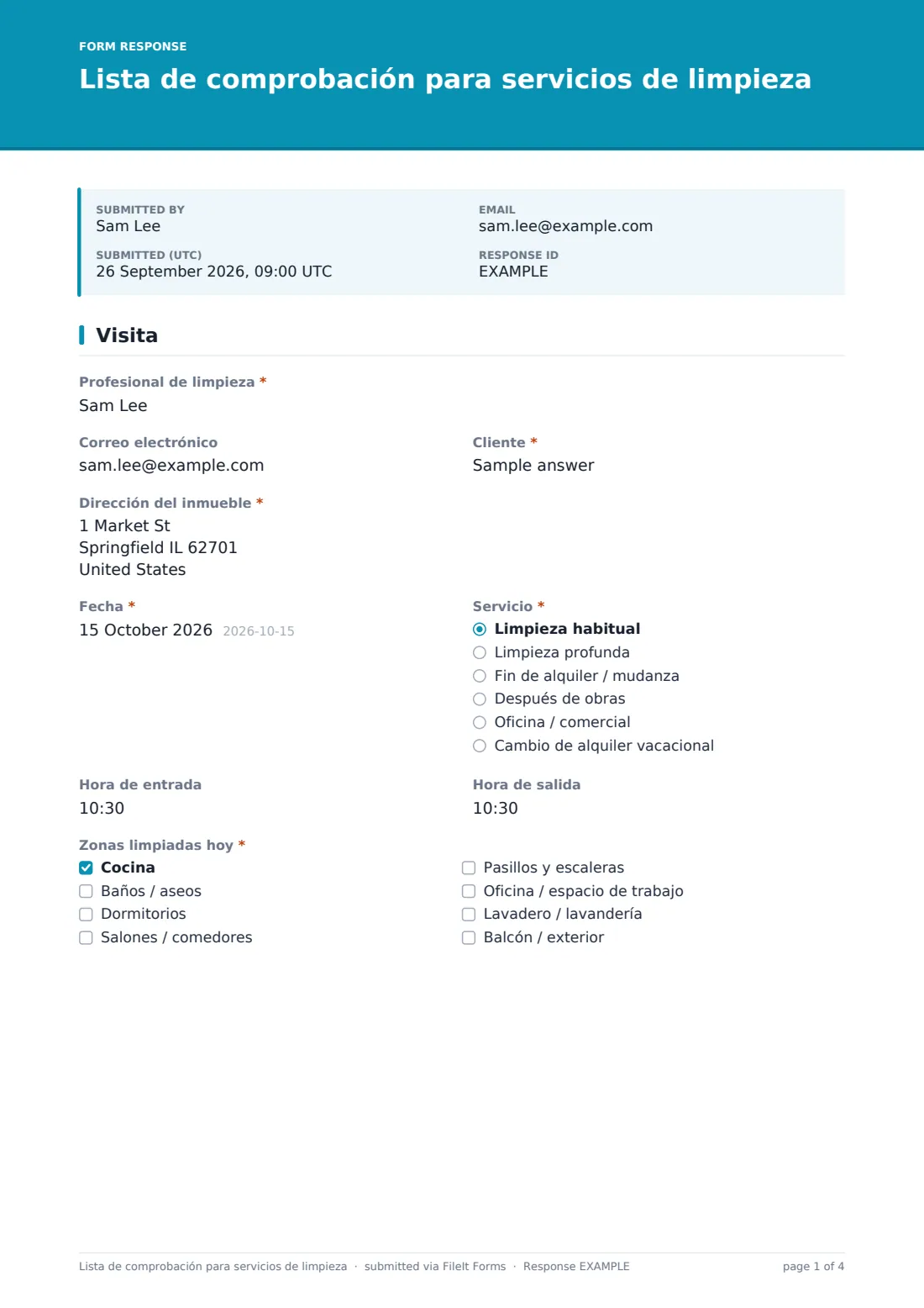 Lista de comprobación para servicios de limpieza — PDF de respuesta de ejemplo, página 1 de 4