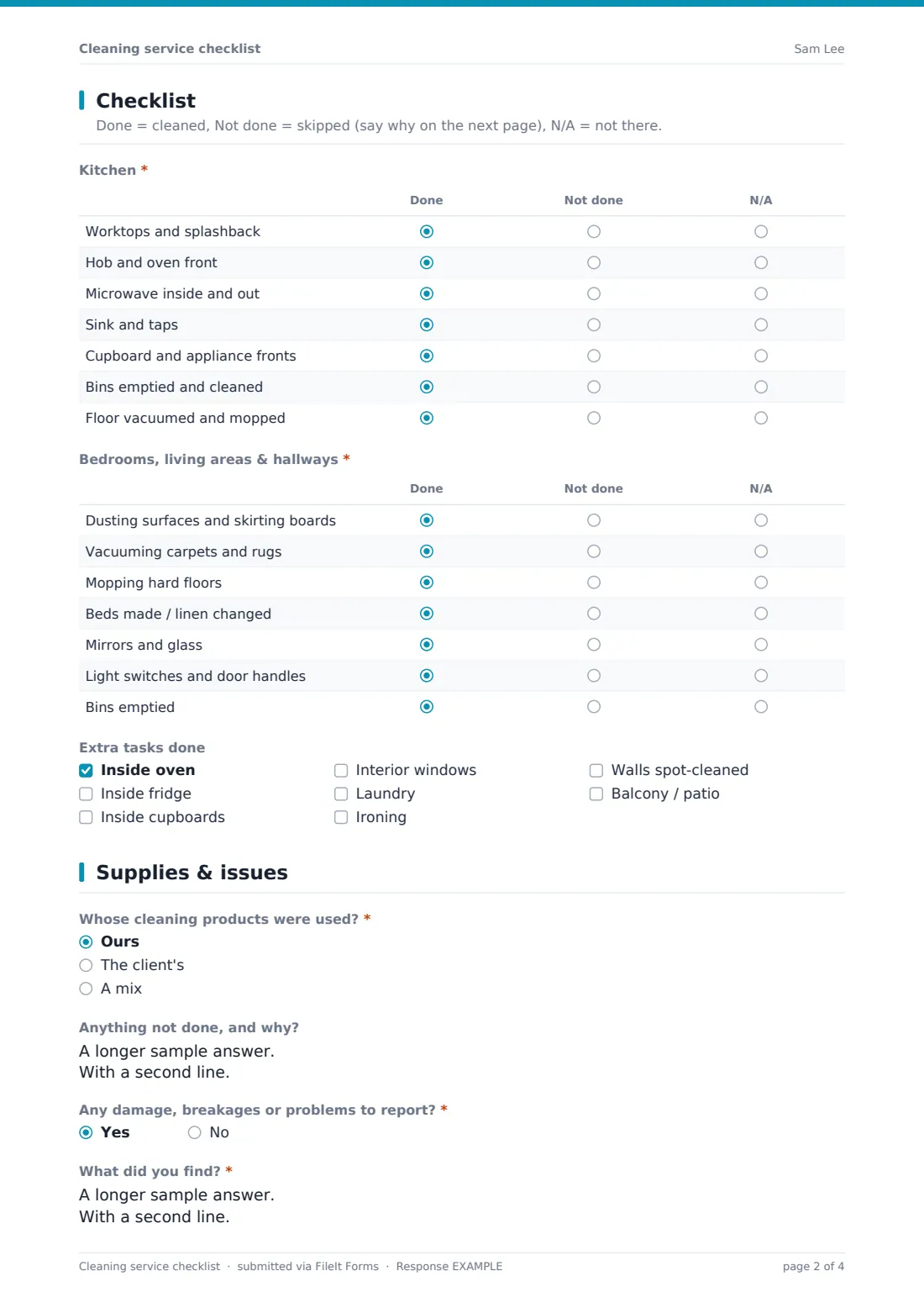 Cleaning service checklist — example response PDF, page 2 of 4