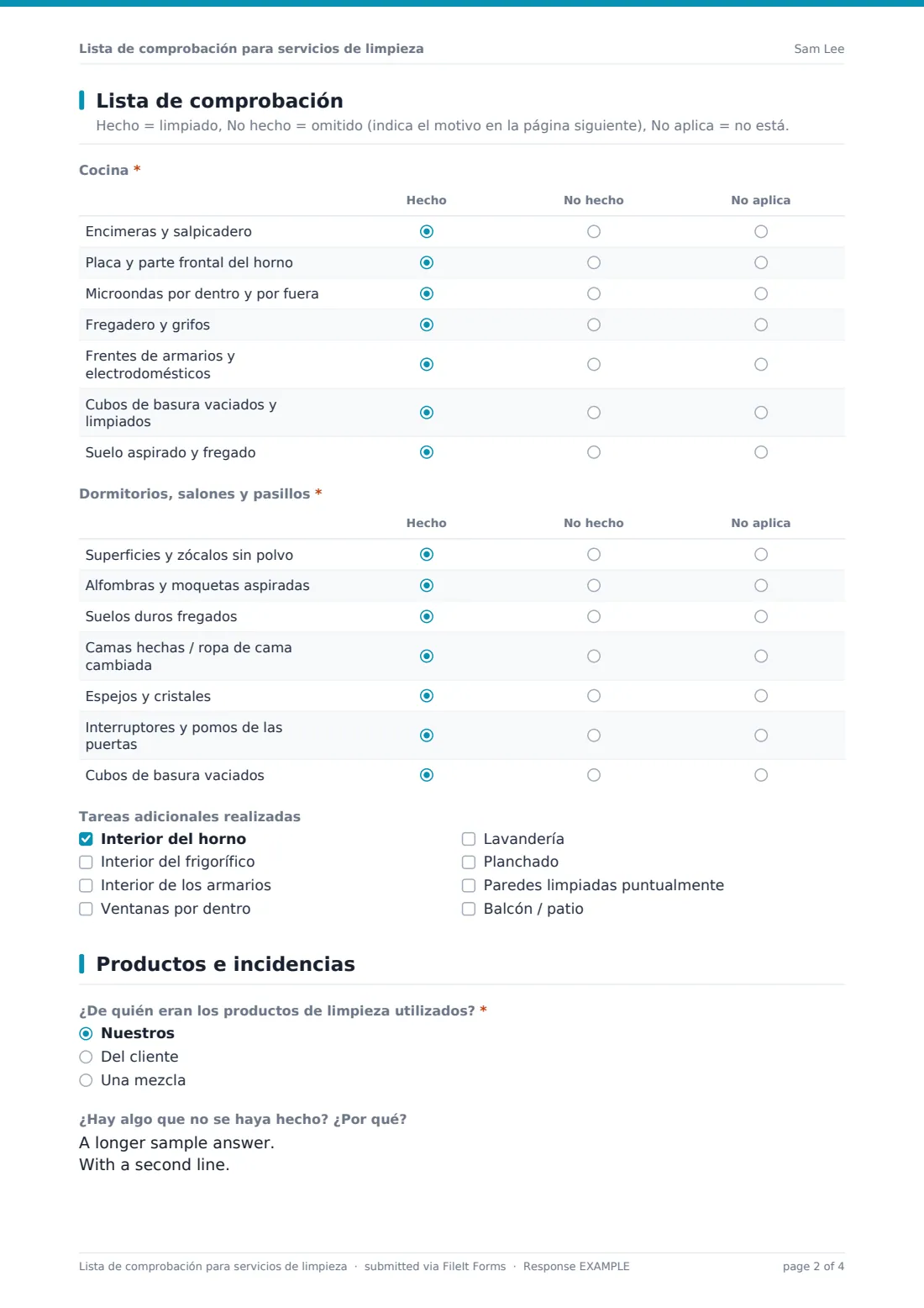 Lista de comprobación para servicios de limpieza — PDF de respuesta de ejemplo, página 2 de 4
