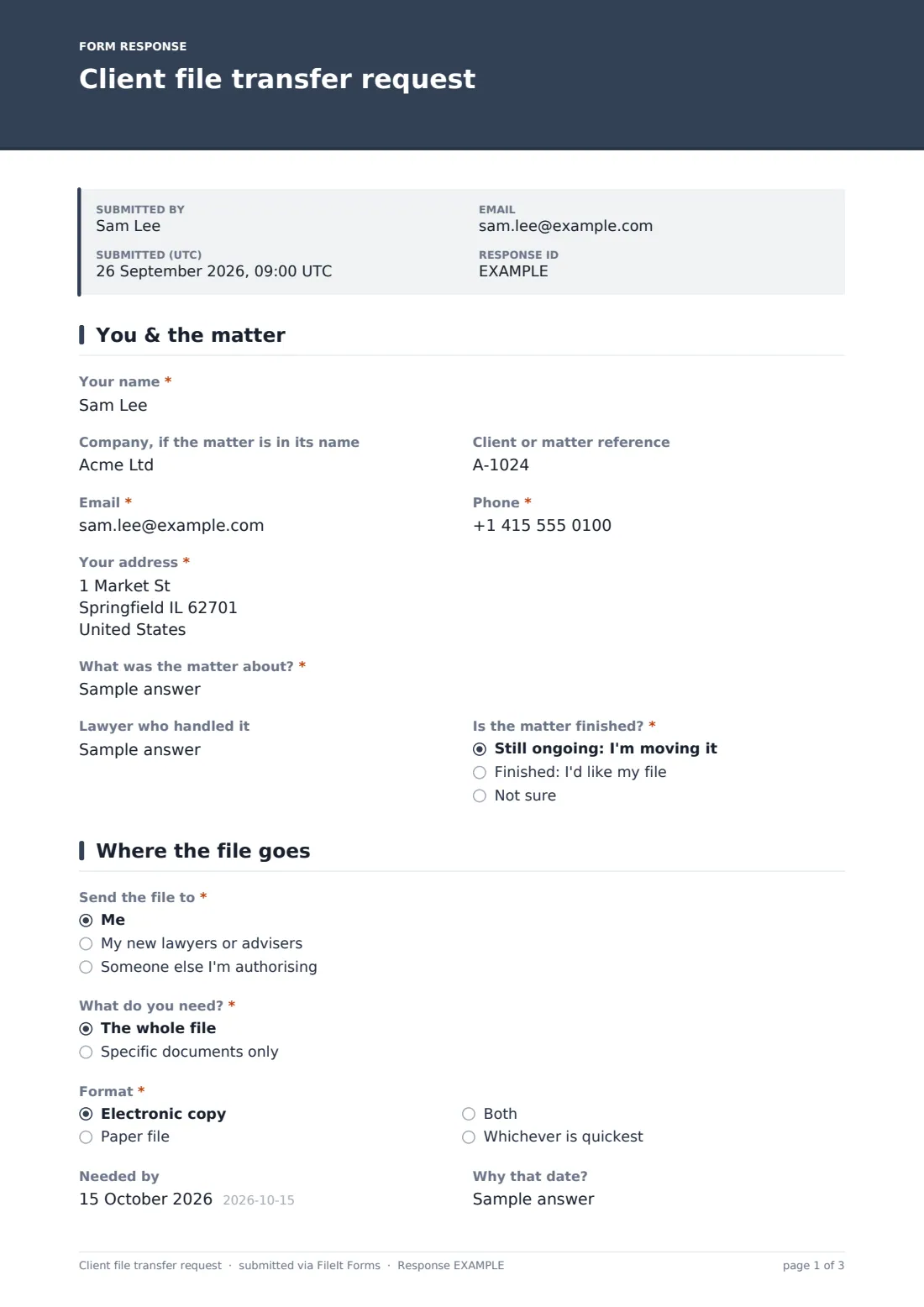 Client file transfer request — example response PDF, page 1 of 3