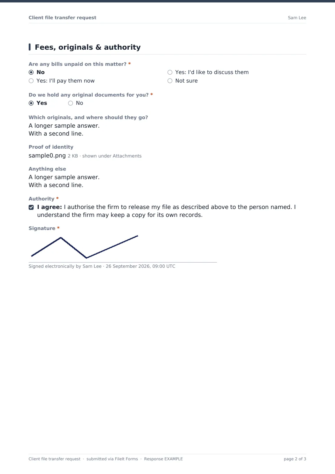 Client file transfer request — example response PDF, page 2 of 3