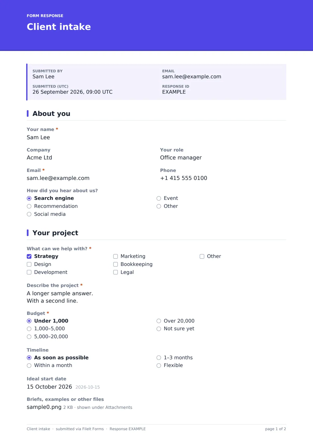 Client intake — example response PDF, page 1 of 2