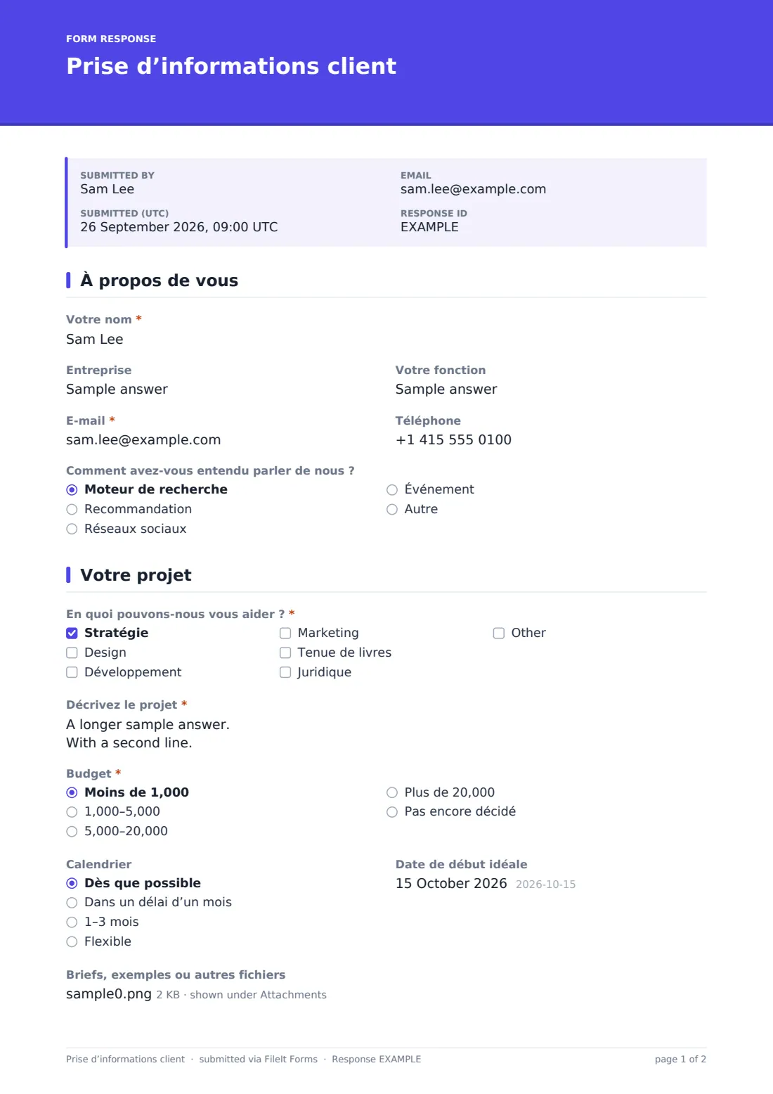 Prise d’informations client — exemple de réponse au format PDF, page 1 sur 2