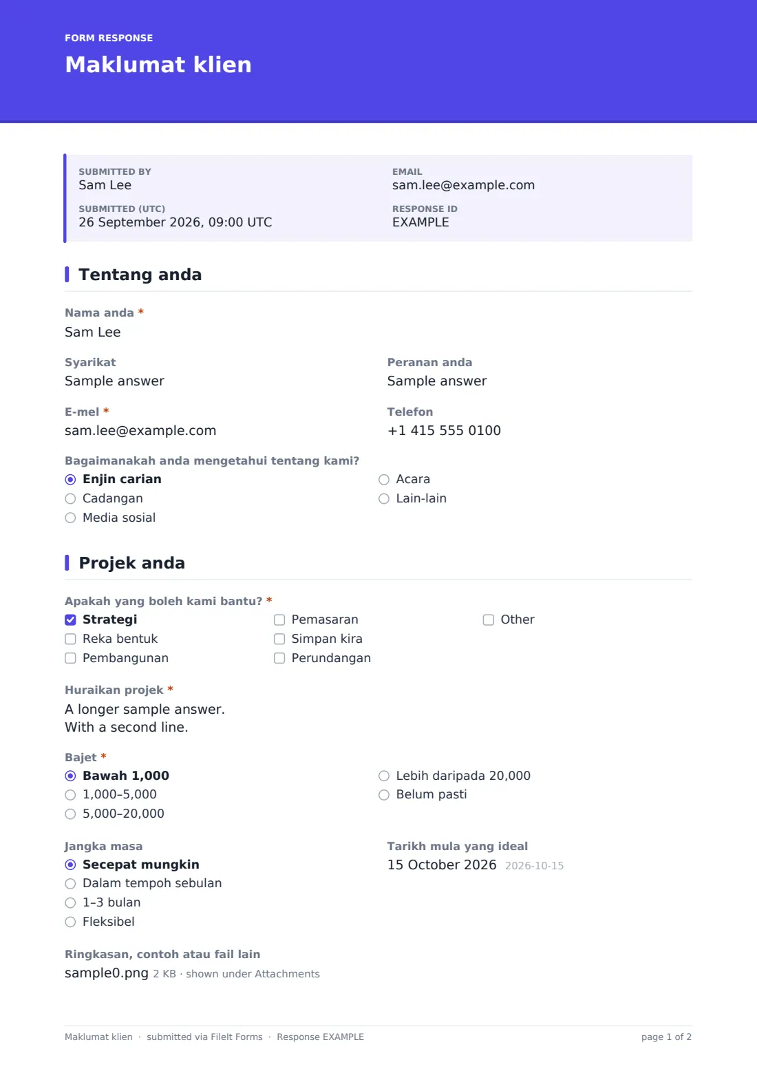 Maklumat klien — PDF respons contoh, halaman 1 daripada 2
